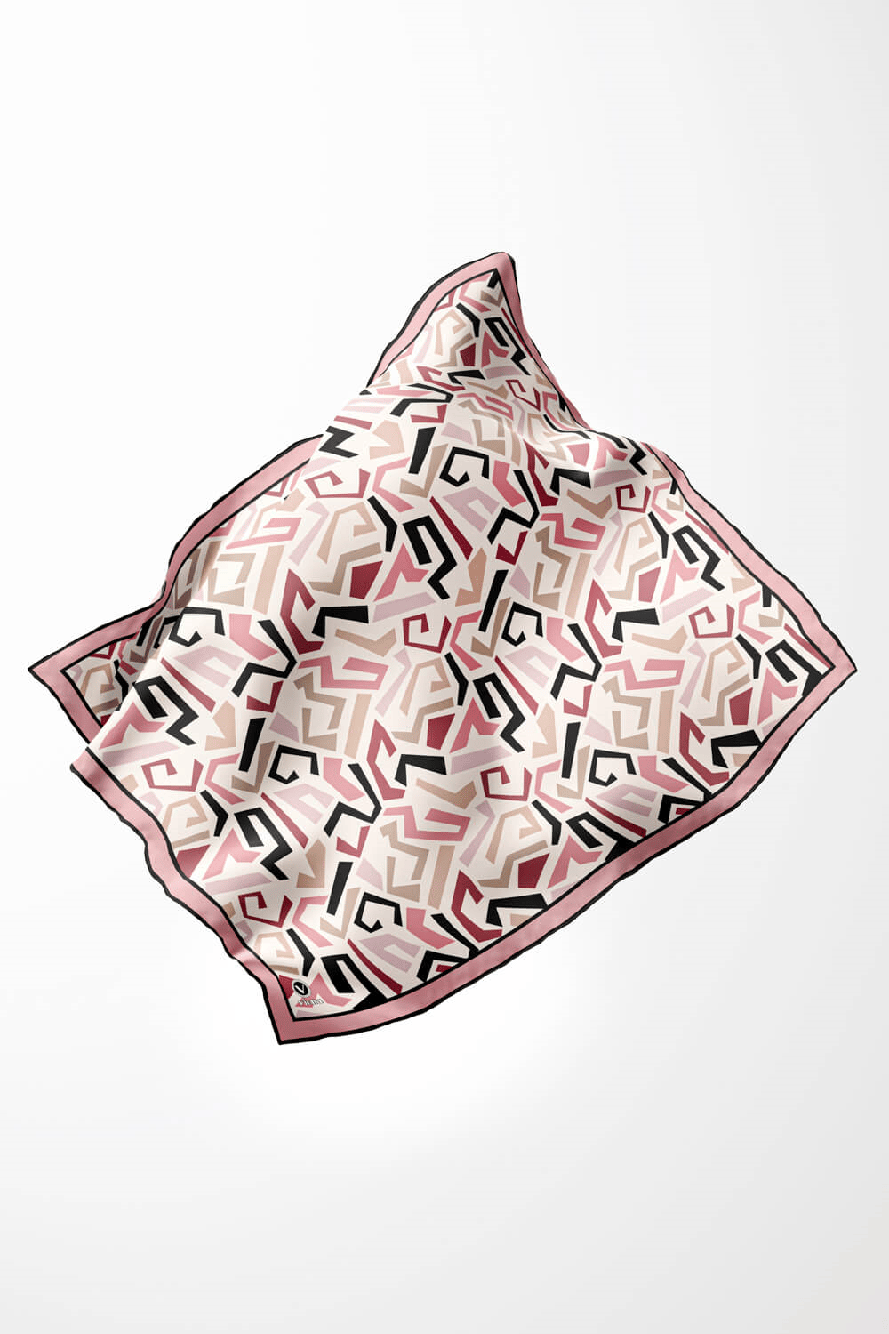 Twill Geometrik Desenli Pudra Renkli 90x90 Eşarp (İpek İçermez) Kenar Dikiş Şekli El Dikişli