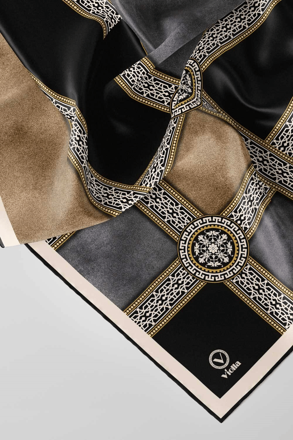 Twill Geometrik Desenli Gri Renkli 90x90 Eşarp (İpek İçermez) Kenar Dikiş Şekli El Dikişli