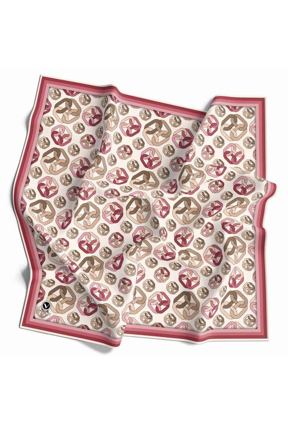 Kristal Zincir Motif Desenli Gül Kurusu Renkli 90x90 Eşarp (İpek İçermez) Kenar Dikiş Şekli El Dikişli