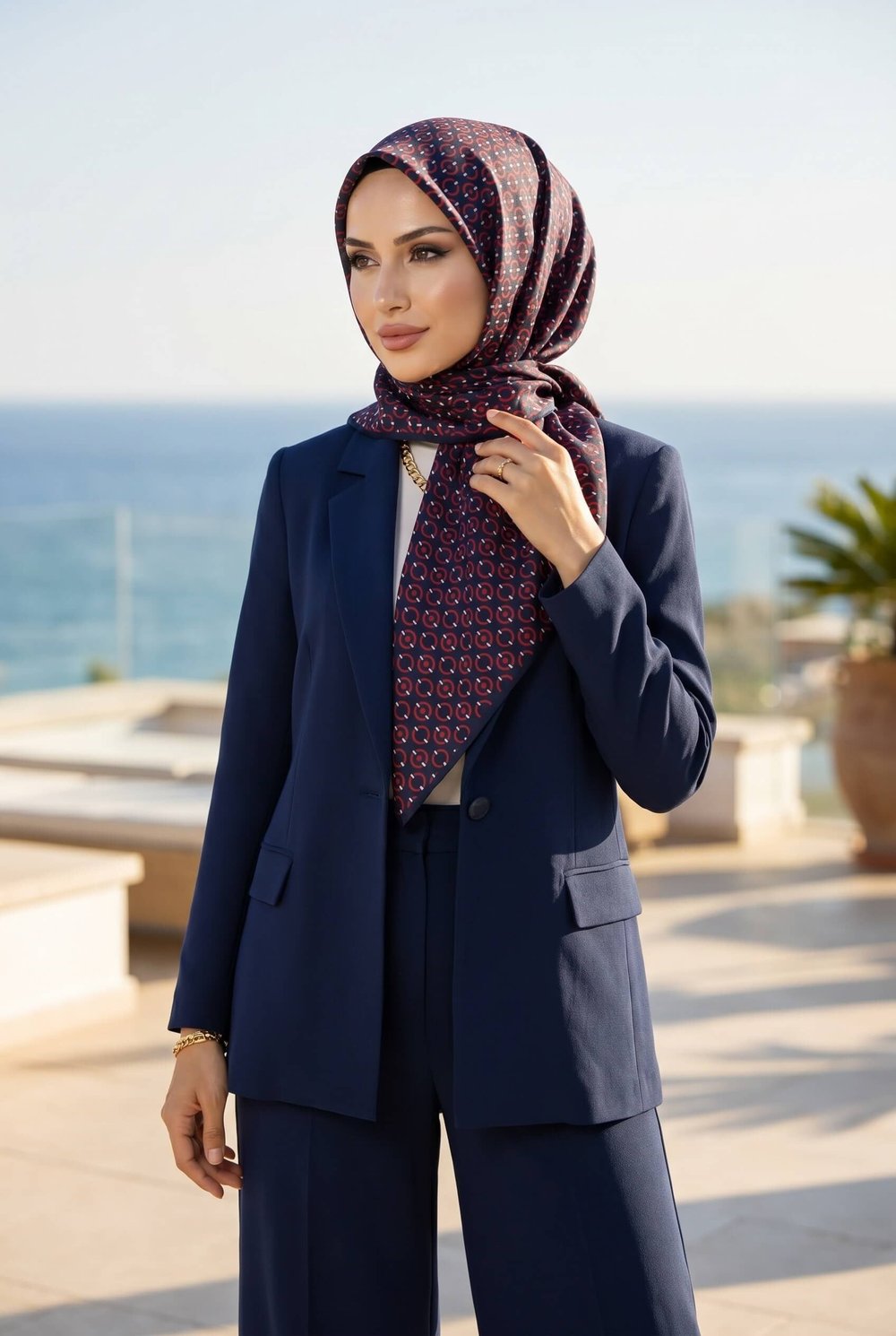 %100 Twill İpek Zincir Desenli Lacivert - Kırmızı Renkli 90x90 Eşarp Kenar Dikiş Şekli El Dikişli