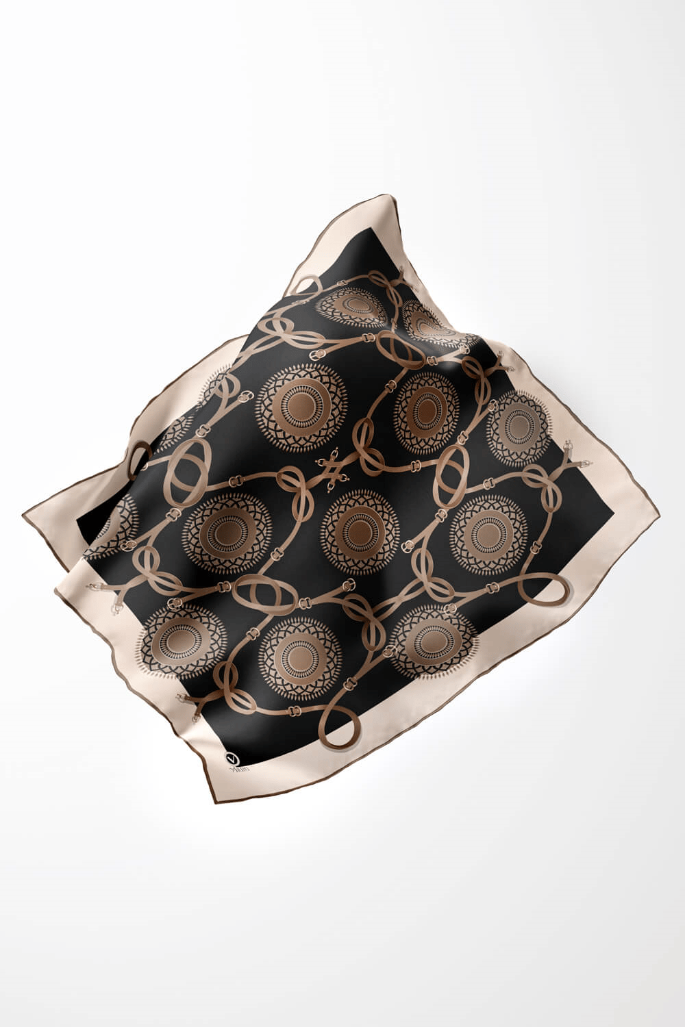 Twill Kemerli Ve Geometrik Desenli Bej Renkli 90x90 Eşarp (İpek İçermez) Kenar Dikiş Şekli El Dikişli