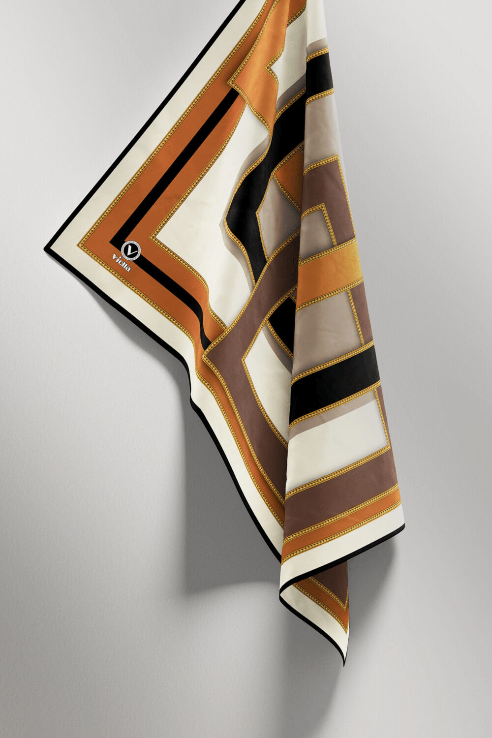 Twill Çerçeve Desenli Taba - Siyah Renkli 90x90 Eşarp (İpek İçermez) Kenar Dikiş Şekli El Dikişli