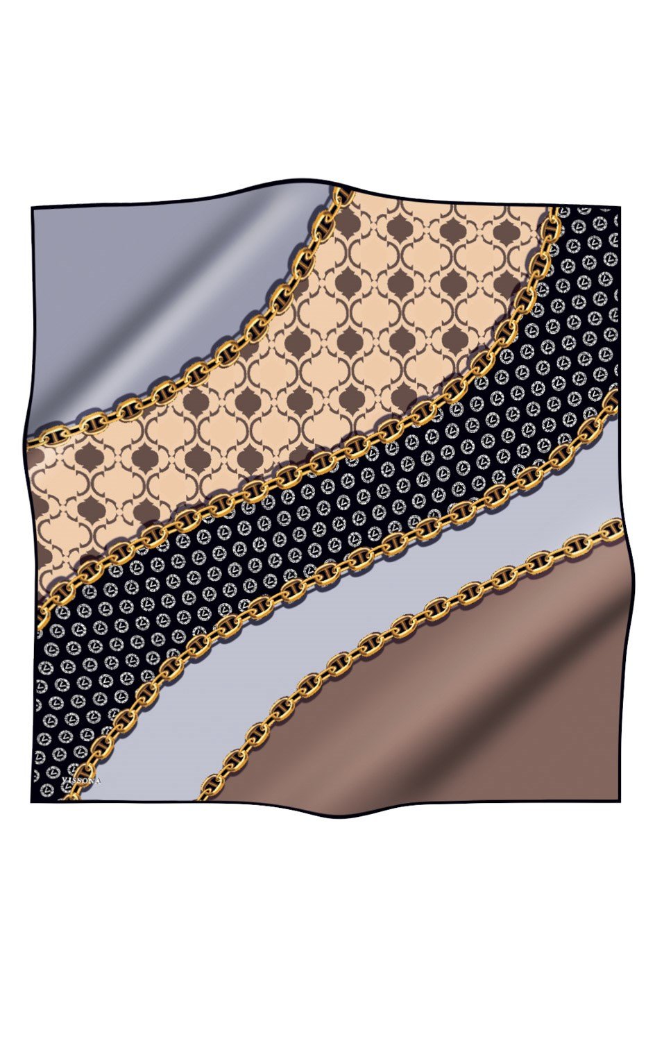 %100 Twill İpek Monogram Ve Zincir Desenli Gri - Bej Renkli 90x90 Eşarp Dikim Şekli : El Dikişi