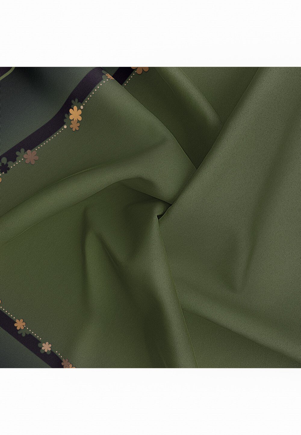 %100 Twill İpek Kenar Motifi Çiçek Desenli Haki - Gold Renkli 90x90 Eşarp Dikim Şekli : El Dikişi