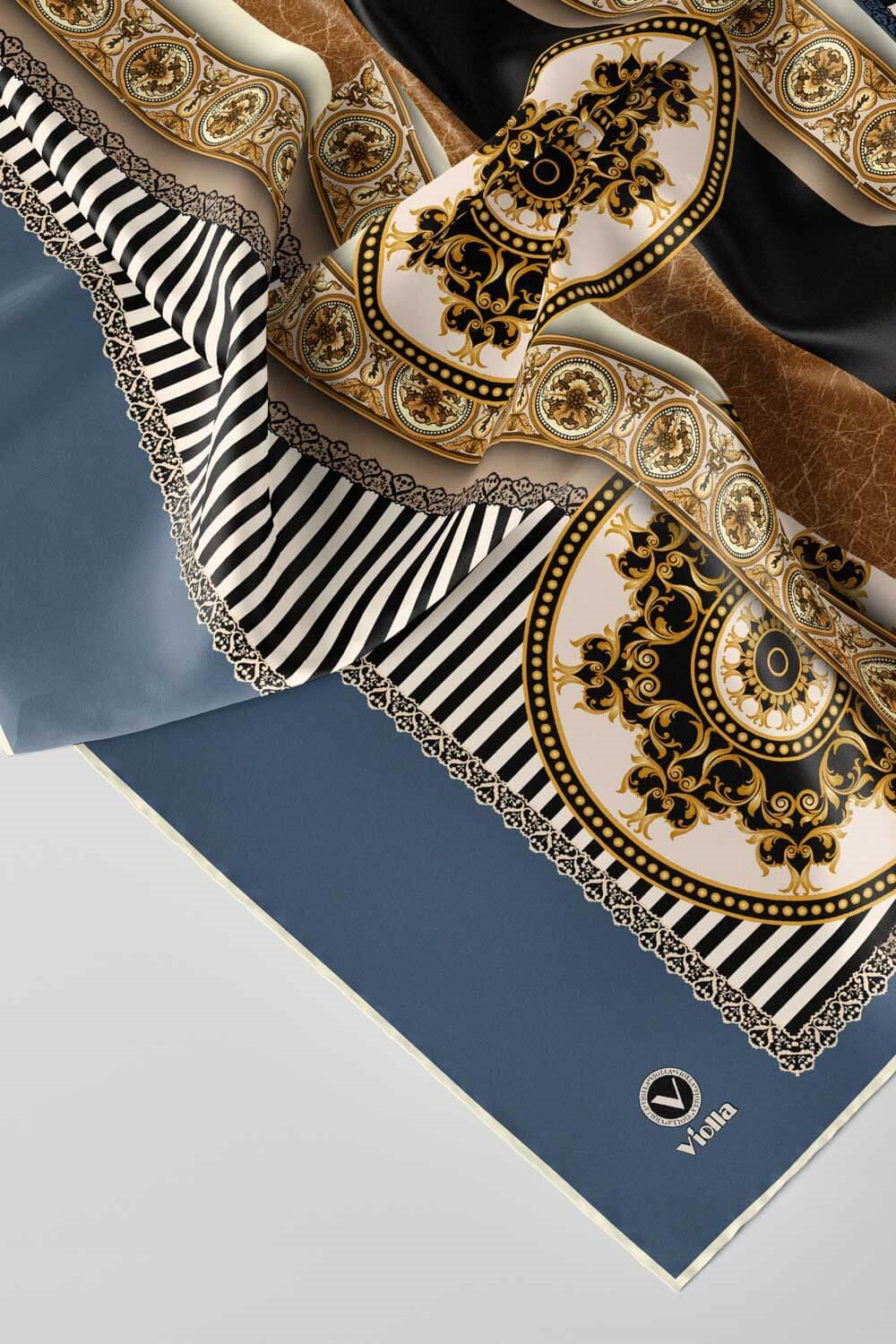 Twill Çizgili ve Barok Desenli İndigo Renkli 90x90 Eşarp (İpek İçermez) Kenar Dikiş Şekli El Dikişli