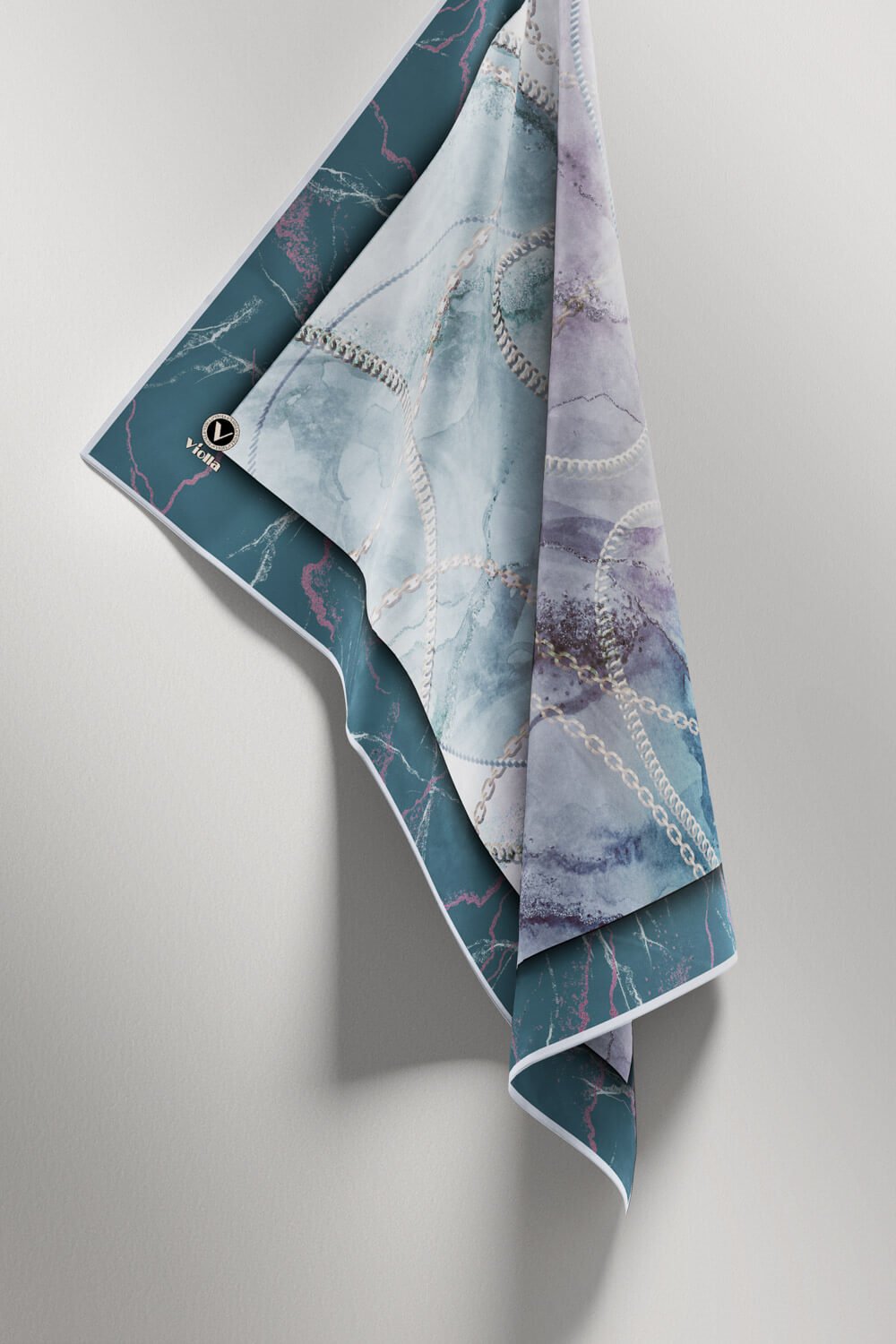 Twill Mermer ve Zincir Desenli Petrol Yeşili Renkli 90x90 Eşarp (İpek İçermez) Kenar Dikiş Şekli El Dikişli