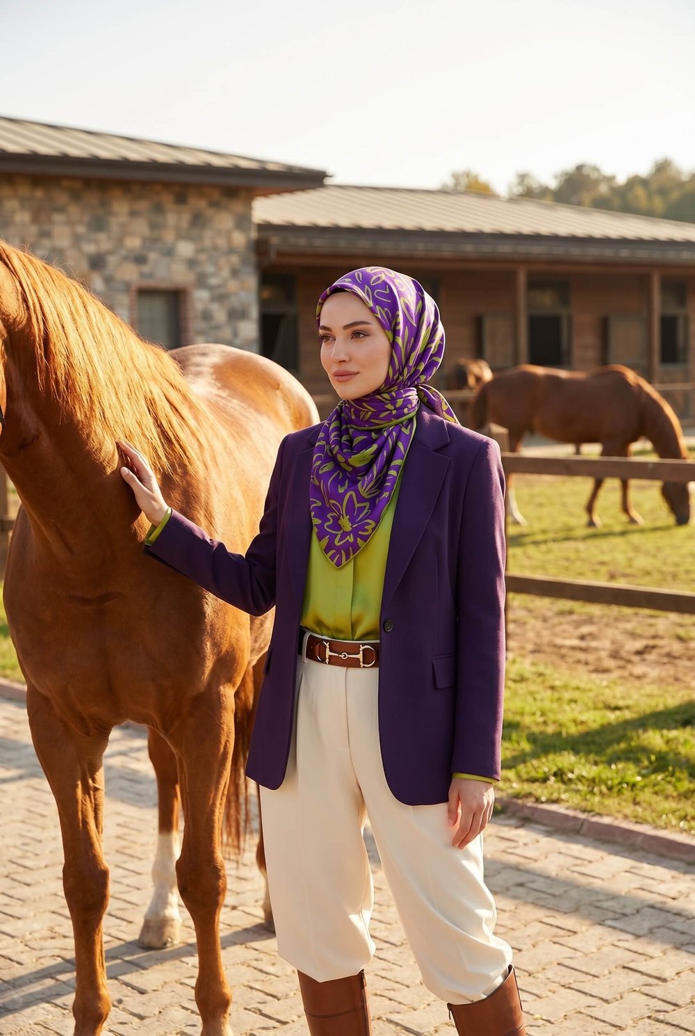 %100 Twill İpek Büyük Çiçek Desenli Mor - Haki Renkli 90x90 Eşarp Dikim Şekli : El Dikişi