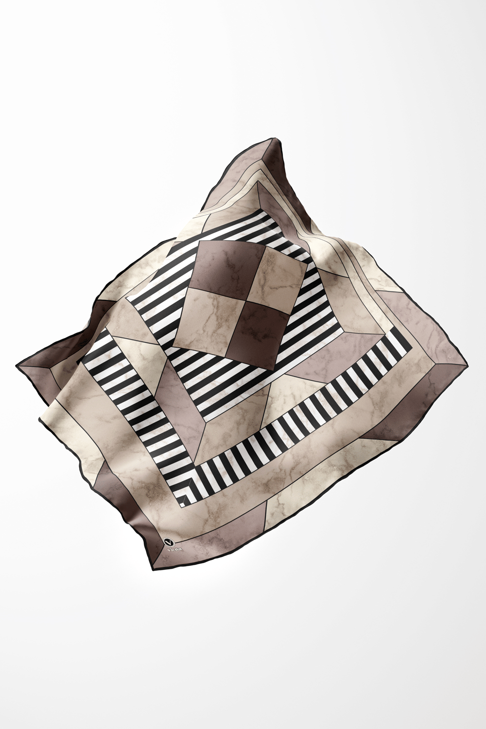 Twill Çizgili Geometrik Mermer Desenli Taş Renkli 90x90 Eşarp (İpek İçermez) Kenar Dikiş Şekli El Dikişli