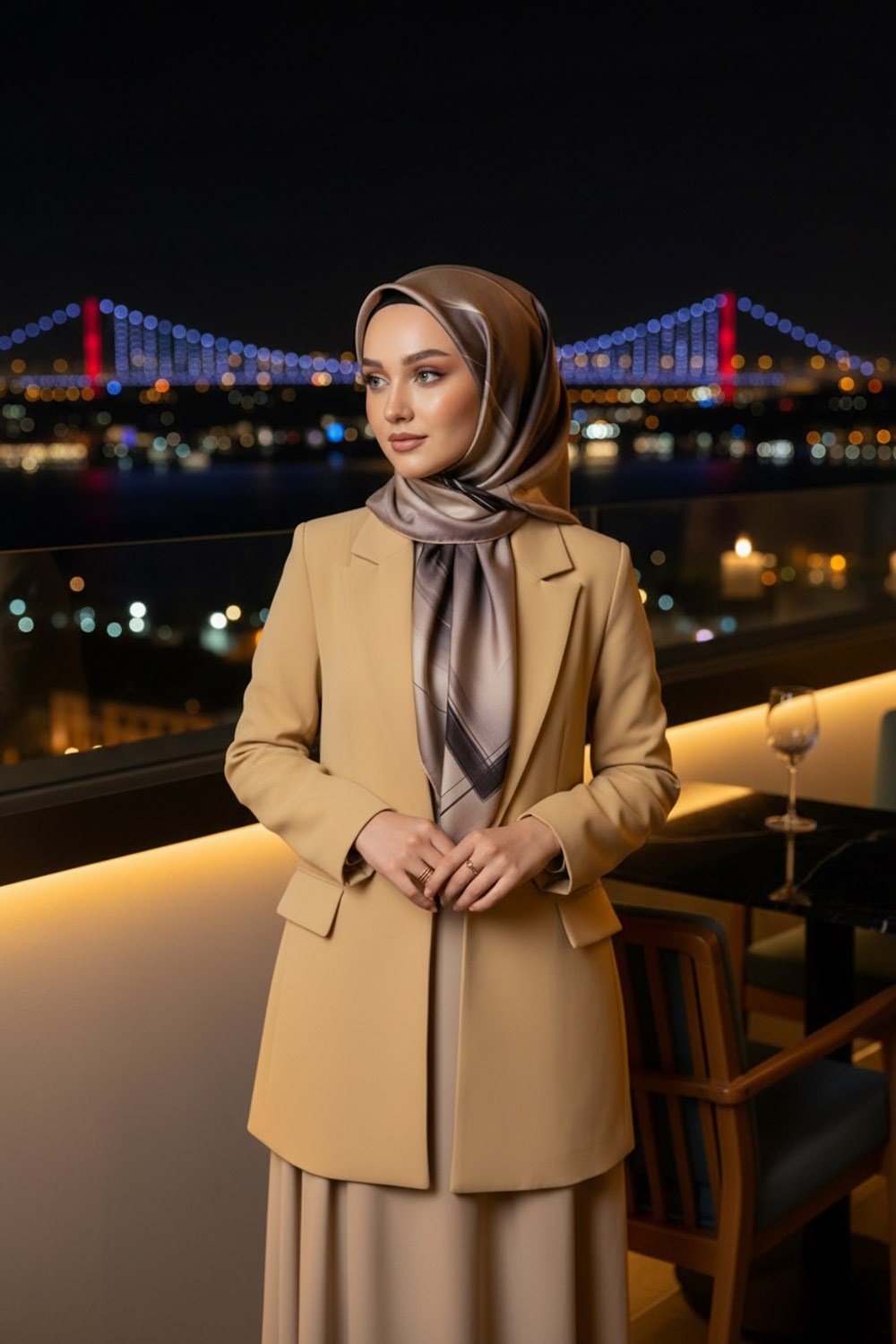 %100 Twill İpek Duman Desenli Bej Renkli 90x90 Eşarp Dikim Şekli : El Dikişi