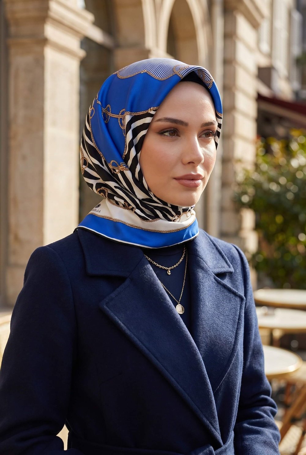 %100 Twill İpek Zincirli Ve Zebra Desenli Saks - Lacivert Renkli 90x90 Eşarp Dikim Şekli : El Dikişi