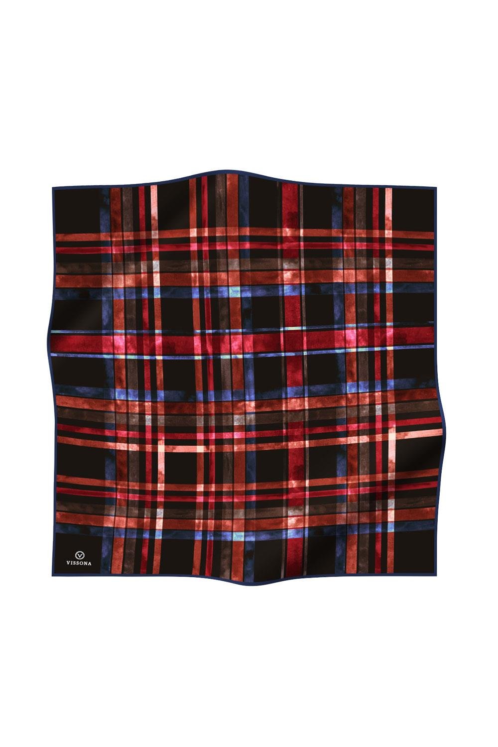 %100 Twill İpek Ekose Desenli Siyah - Kırmızı Renkli 90x90 Eşarp Kenar Dikiş Şekli El Dikişli