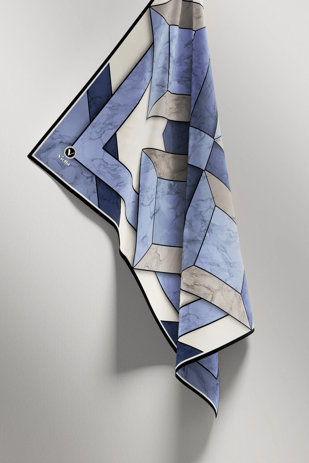 Twill Mermer Desenli İndigo - Lacivert Renkli 90x90 Eşarp (İpek İçermez) Kenar Dikiş Şekli El Dikişli