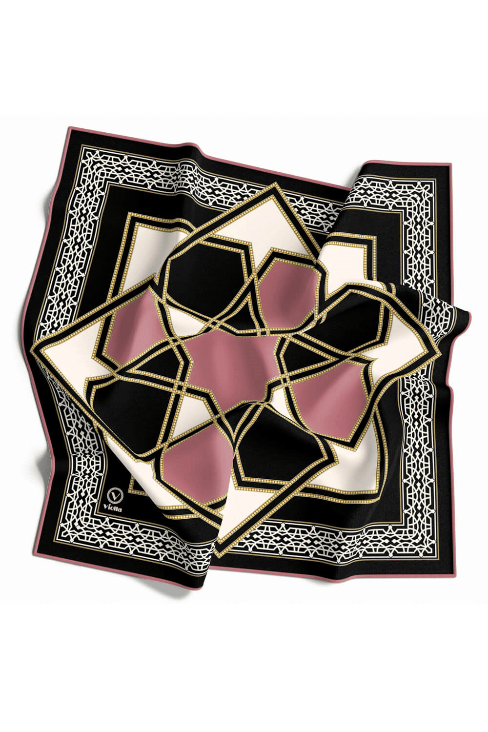 Twill Osmanlı Çini Desenli Pudra Renkli 90x90 Eşarp (İpek İçermez)Kenar Dikiş Şekli El Dikişli