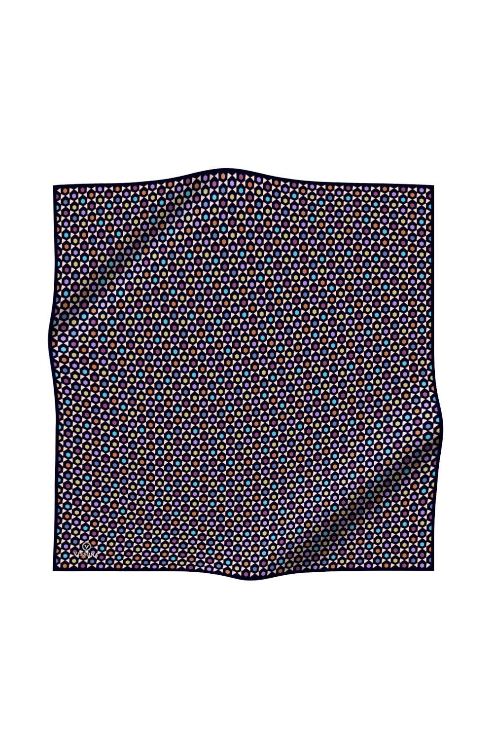 %100 Twill İpek Nokta Desenli Lacivert Renkli 90x90 Eşarp Dikim Şekli : El Dikişi