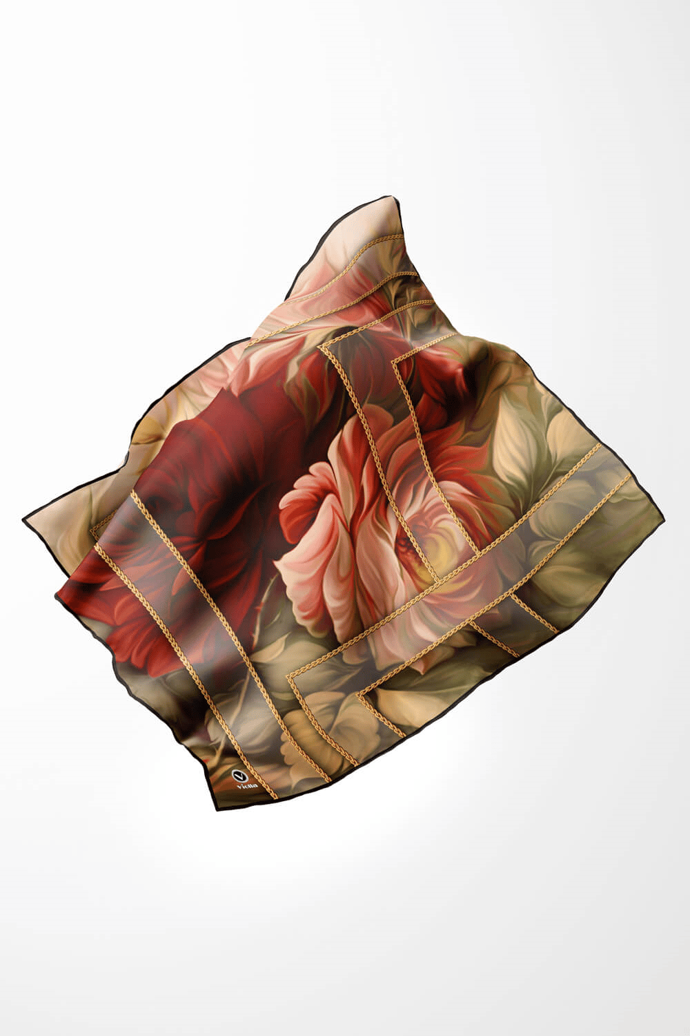 Twill Gül Desenli Bordo - Vizon Renkli 90x90 Eşarp (İpek İçermez) Kenar Dikiş Şekli El Dikişli