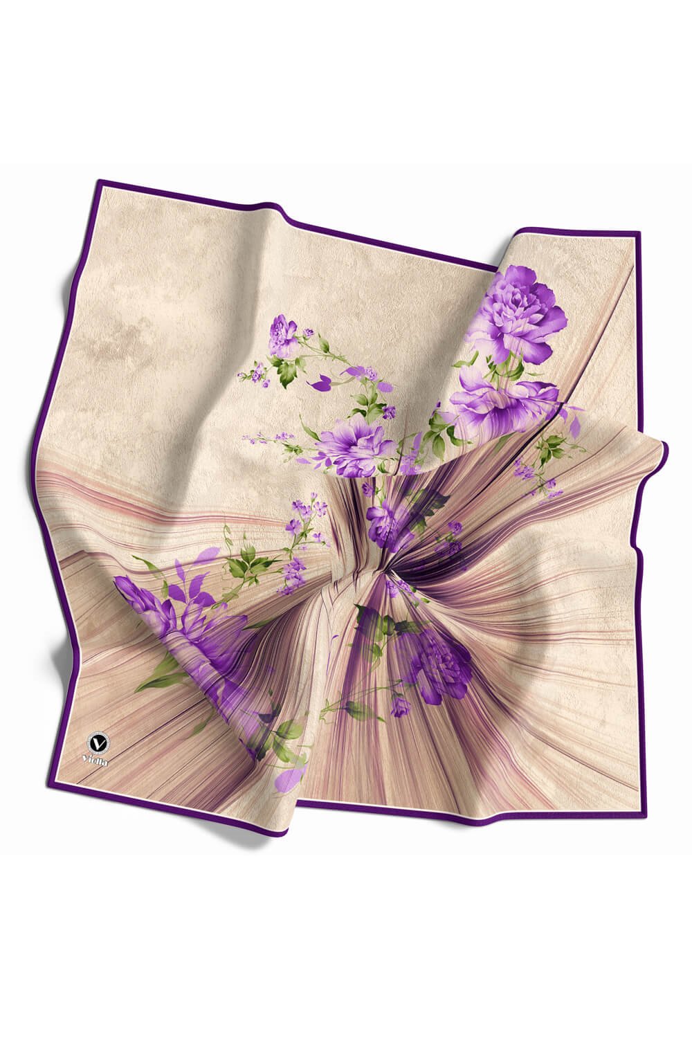 Twill Çiçekli Desenli Mor Renkli 90x90 Eşarp (İpek İçermez) Kenar Dikiş Şekli El Dikişli