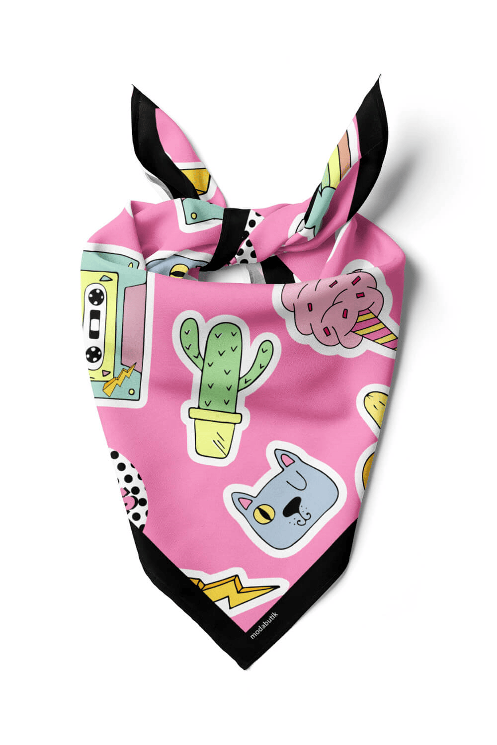 B75 Kadın Seda Desenli Bandana 50x50 Pembe DG0361-22 Snz