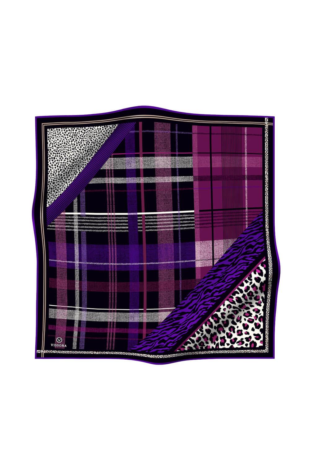 %100 Twill İpek Ekoseli Ve Leopar Desenli Siyah - Mor Renkli 90x90 Eşarp Dikim Şekli : El Dikişi