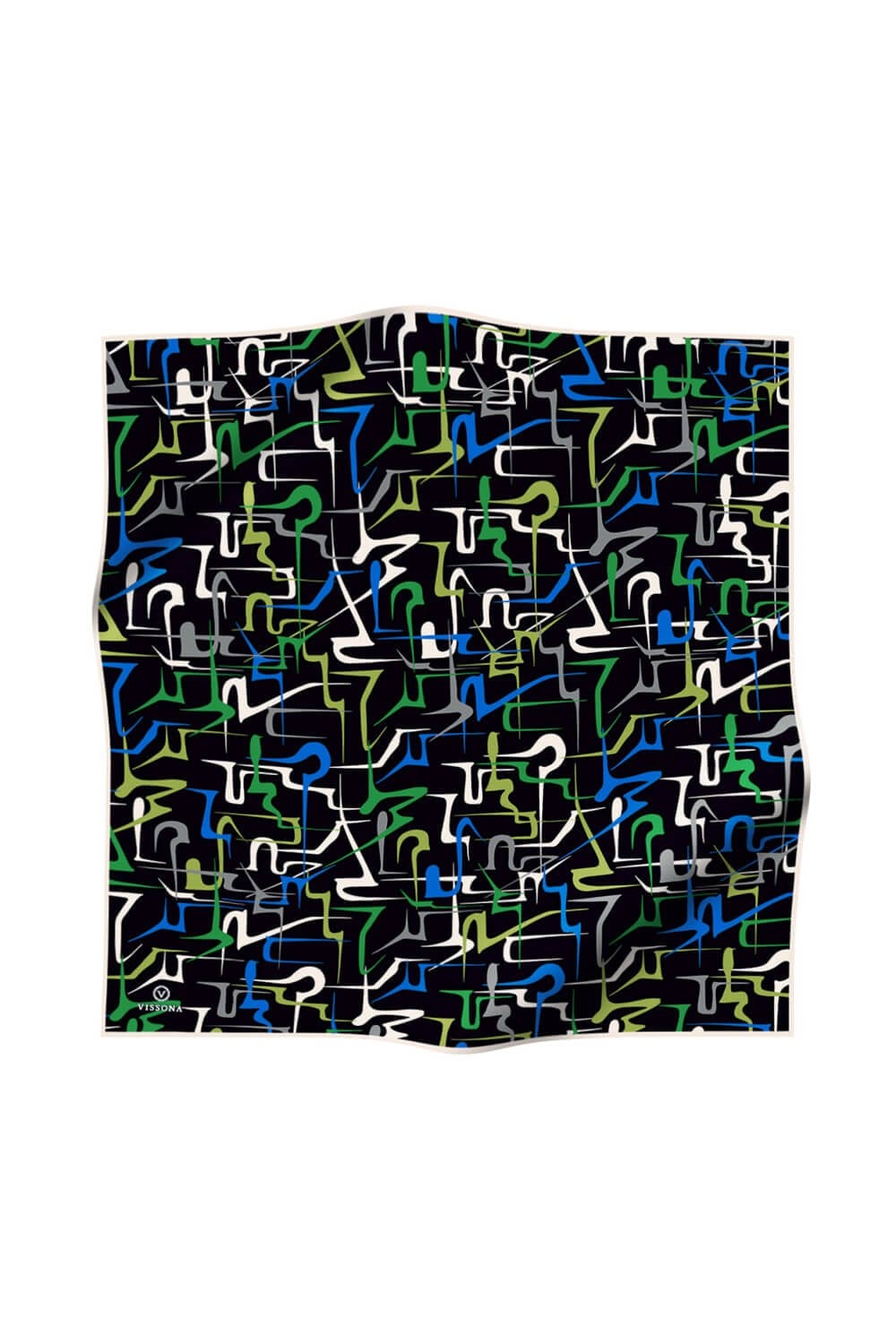 %100 Twill İpek Soyut Geometrik Desenli Saks - Zümrüt Yeşili Renkli 90x90 Eşarp Dikim Şekli : El Dikişi
