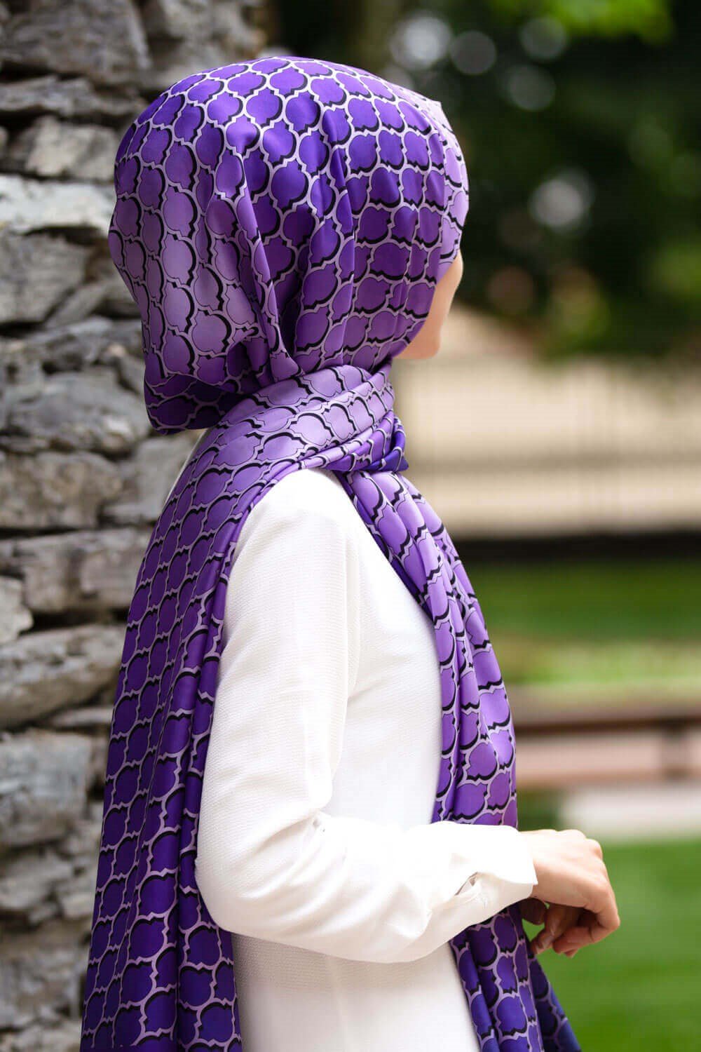 %100 İpek Petek Desenli Mor - Lila Renkli 92x210 Şal