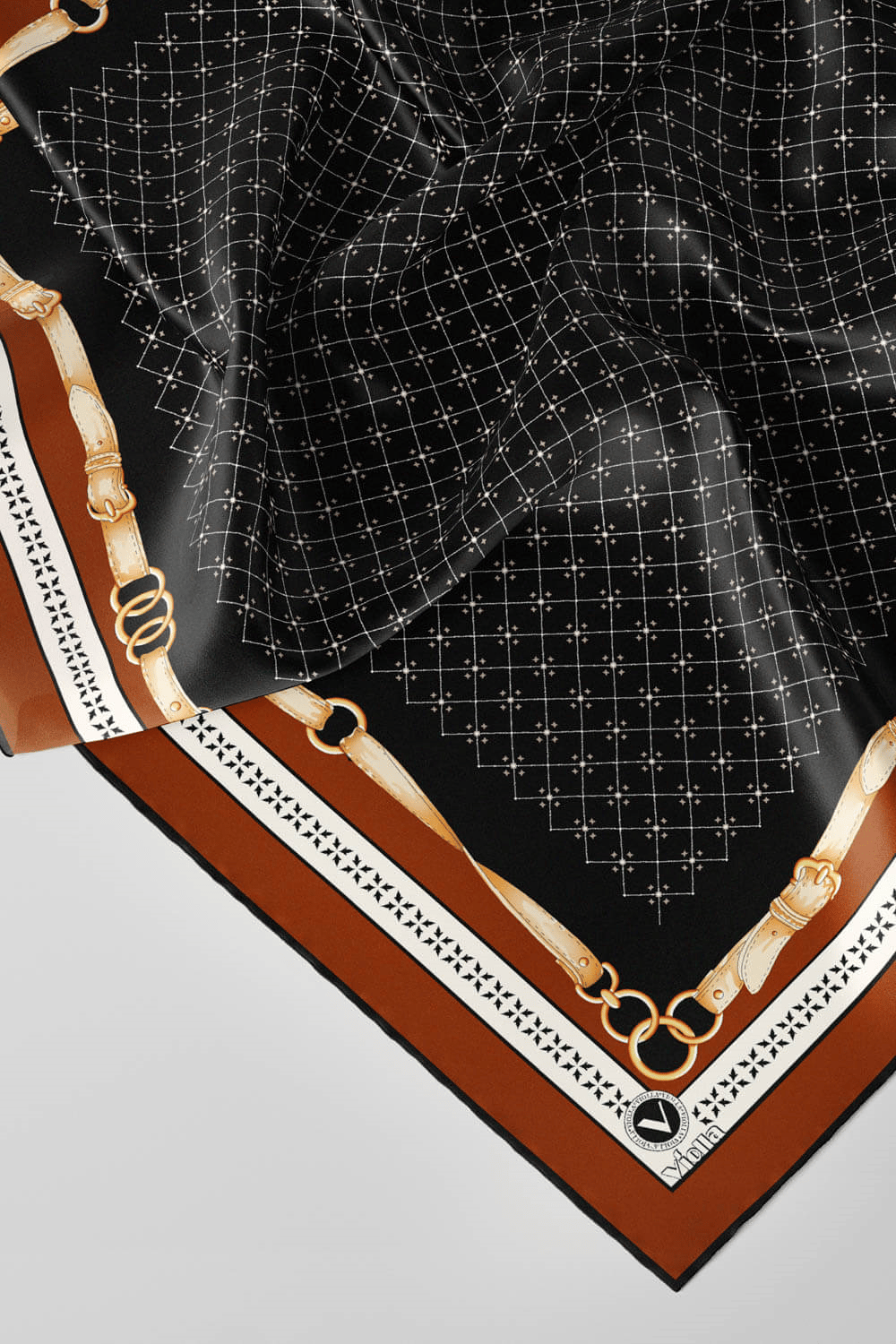 Twill Kemerli ve Çıtır Motifli Desenli Taba Renkli 90x90 Eşarp (İpek İçermez) Dikim Şekli : El Dikişi