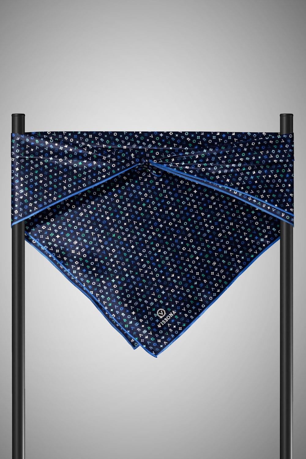 %100 Twill İpek Çıtır Motif Desenli Lacivert - İndigo Renkli 90x90 Eşarp Dikim Şekli : El Dikişi