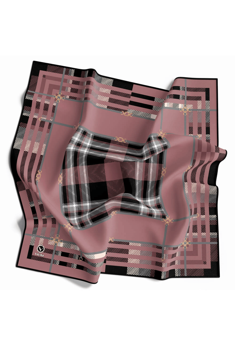 Twill Kemerli ve Ekose Desenli Pudra Renkli 90x90 Eşarp (İpek İçermez)Kenar Dikiş Şekli El Dikişli