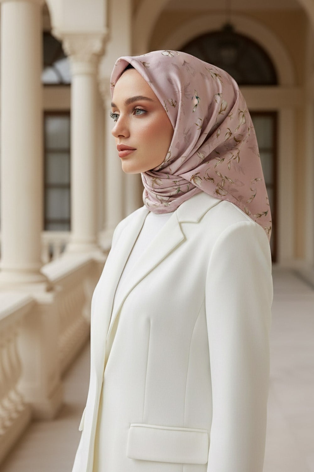 %100 Twill İpek Çiçek Desenli Pudra Renkli 90x90 Eşarp Dikim Şekli : El Dikişi