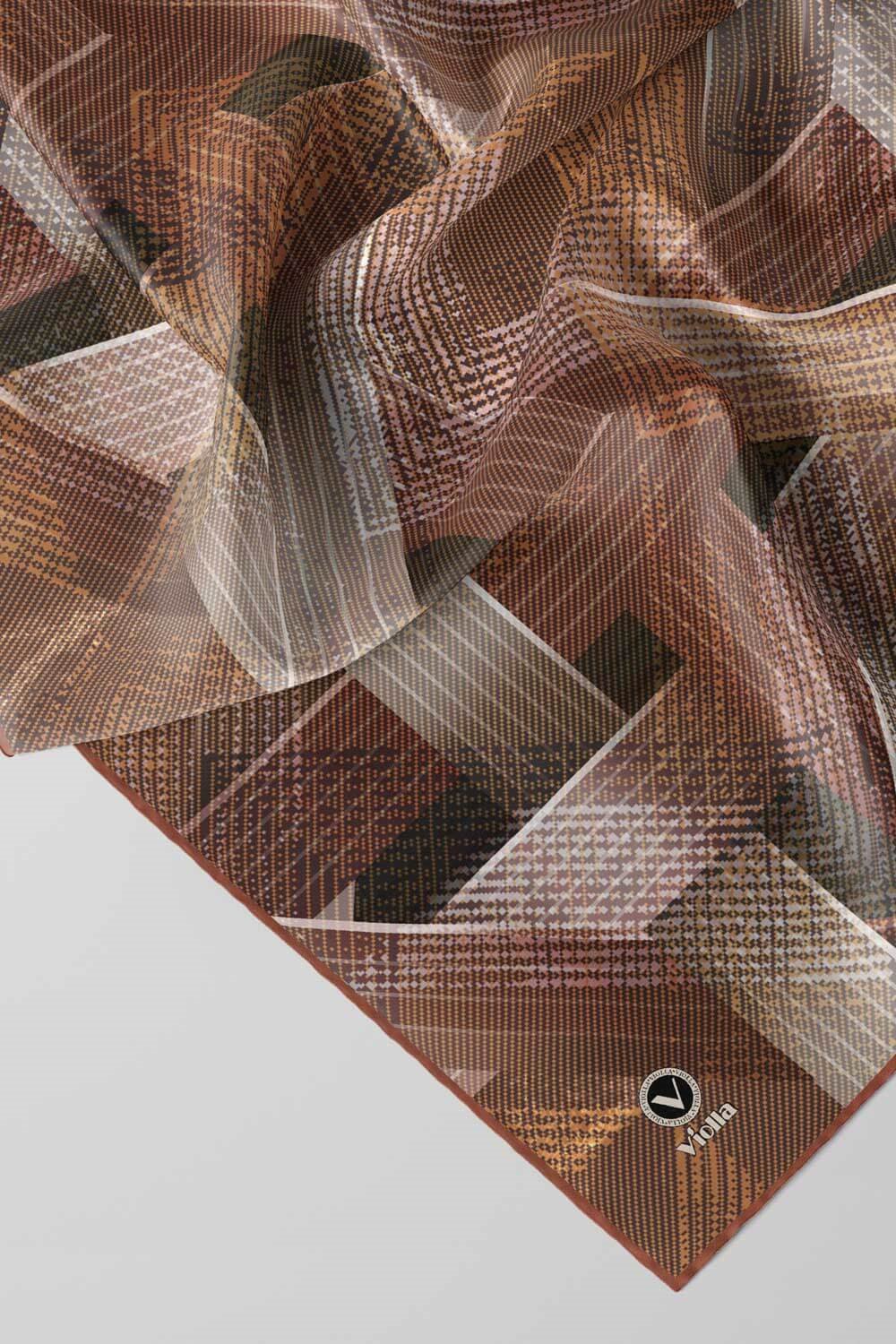 Twill Dokulu Geometrik Desenli Bakır Renkli 90x90 Eşarp (İpek İçermez) Kenar Dikiş Şekli El Dikişli