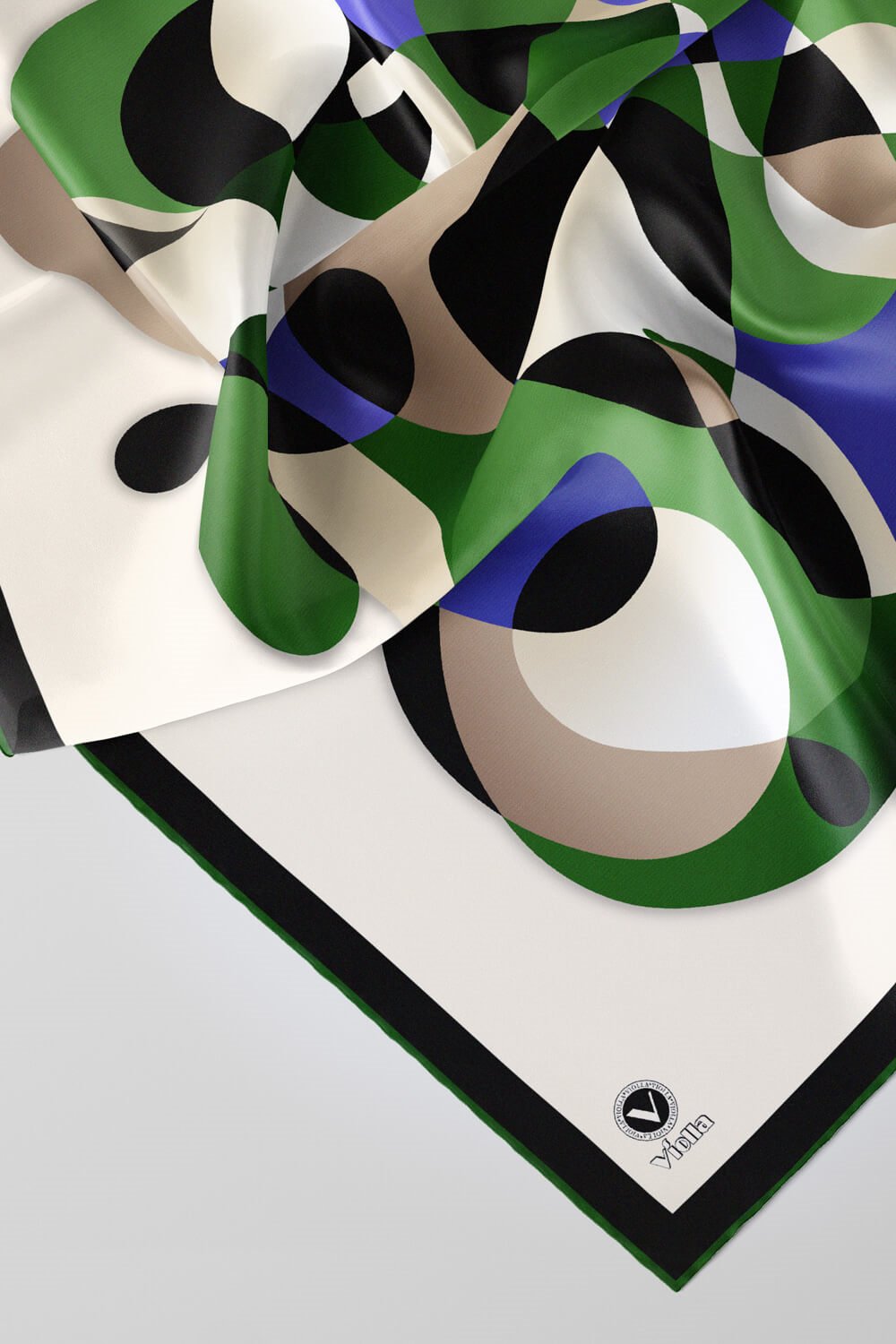 Twill Geometrik Desenli Zümrüt Yeşili - Saks Renkli 90x90 Eşarp (İpek İçermez) Kenar Dikiş Şekli El Dikişli