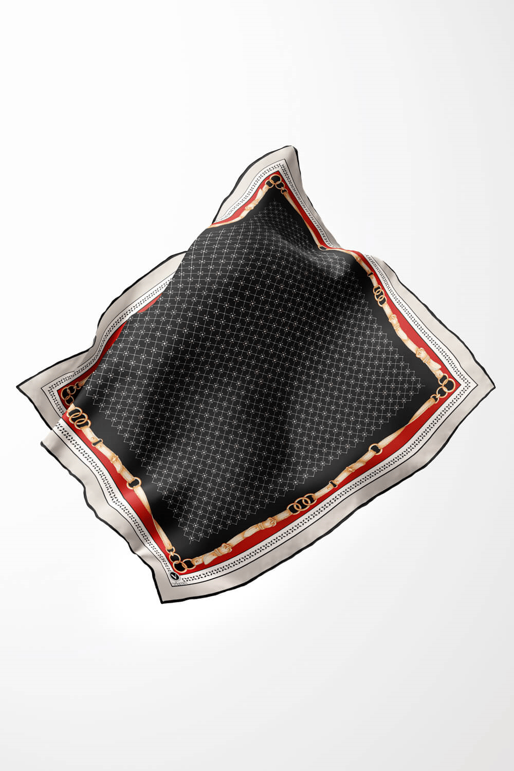 Twill Kemerli ve Çıtır Motifli Desenli Siyah Renkli 90x90 Eşarp (İpek İçermez) Dikim Şekli : El Dikişi