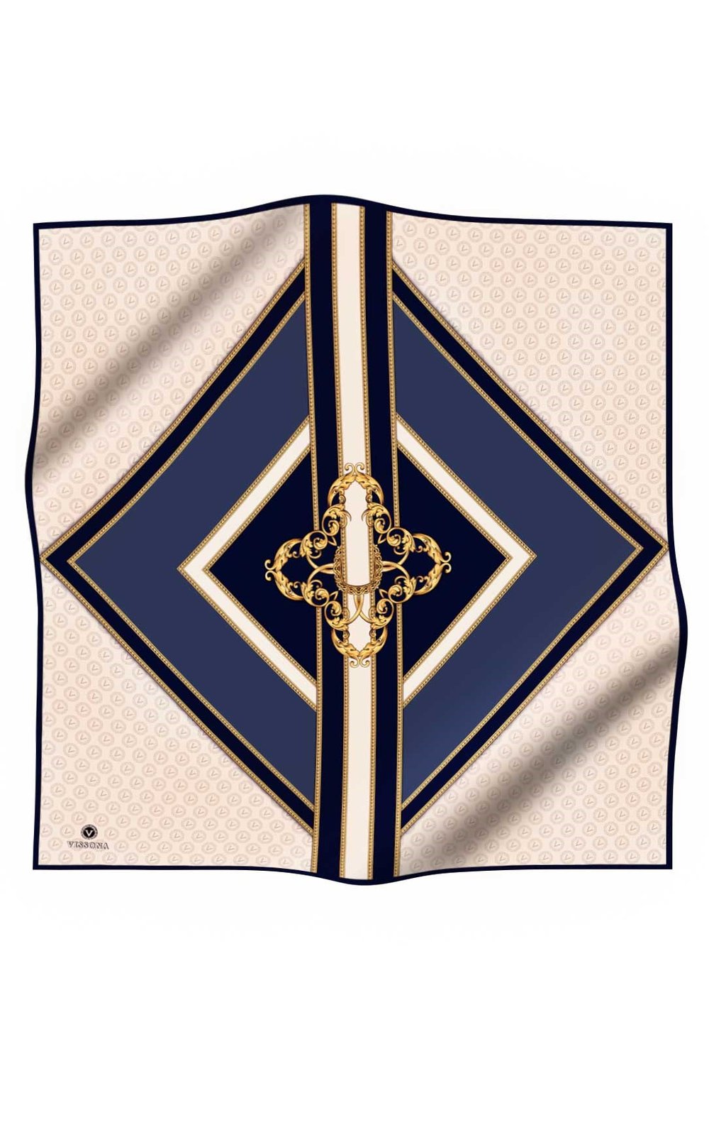 %100 Twill İpek Monogram ve Barok Desenli Lacivert - İndigo Renkli 90x90 Eşarp Dikim Şekli : El Dikişi
