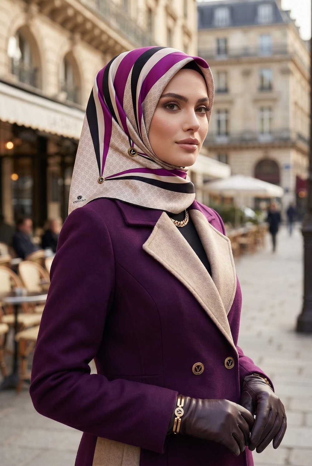 %100 Twill İpek Monogram Ve Geometrik Desenli Krem - Mürdüm Renkli 90x90 Eşarp Dikim Şekli : El Dikişi