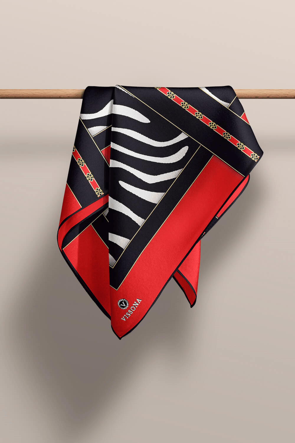 %100 Twill İpek Zebra Desenli Kırmızı - Siyah  Renkli 90x90 Eşarp Kenar Dikiş Şekli El Dikişli
