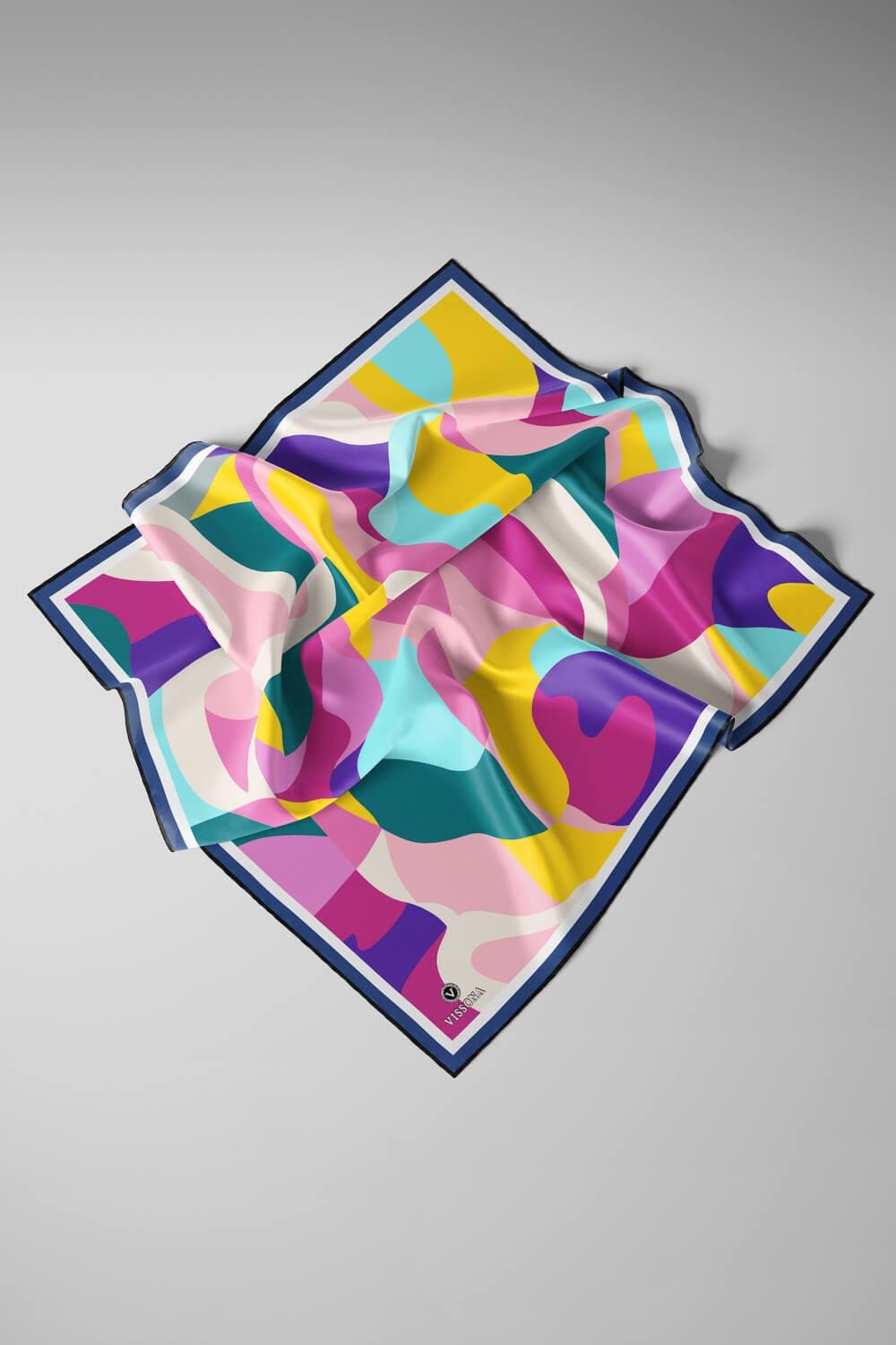 %100 Twill İpek Geometrik Desenli Pembe - Petrol Yeşili Renkli 90x90 Eşarp Dikim Şekli : El Dikişi