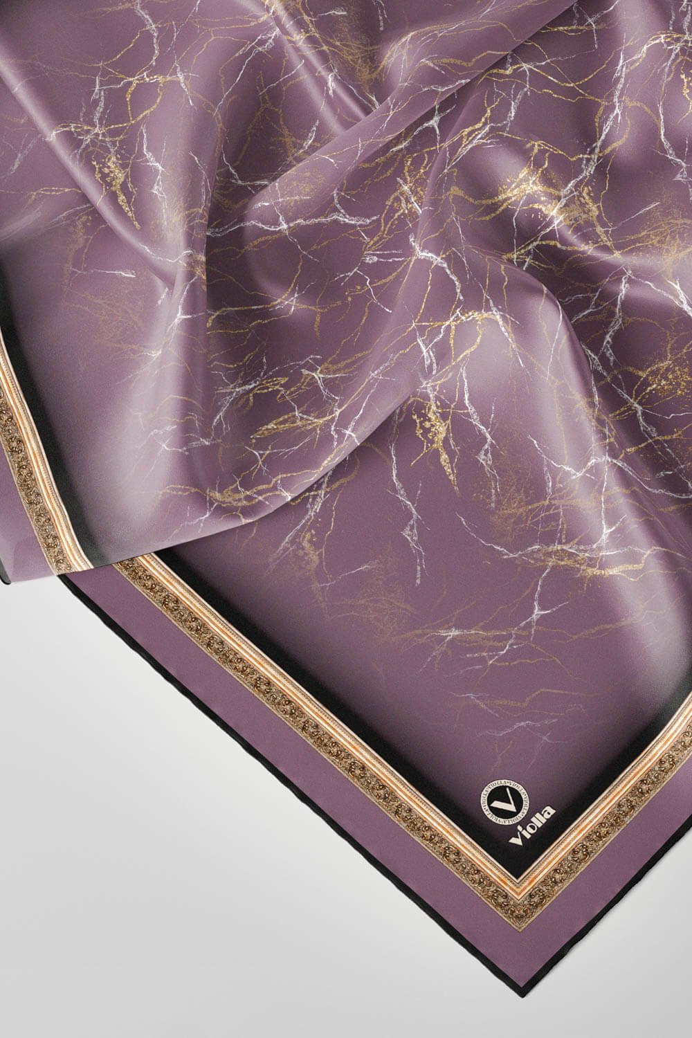 Twill Barok Çerçeveli Mermer Desenli Lila Renkli 90x90 Eşarp (İpek İçermez) Kenar Dikiş Şekli El Dikişli