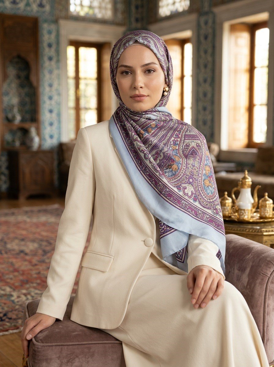 %100 İpek Etro Desenli Bebe Mavisi Renkli 92x210 Şal