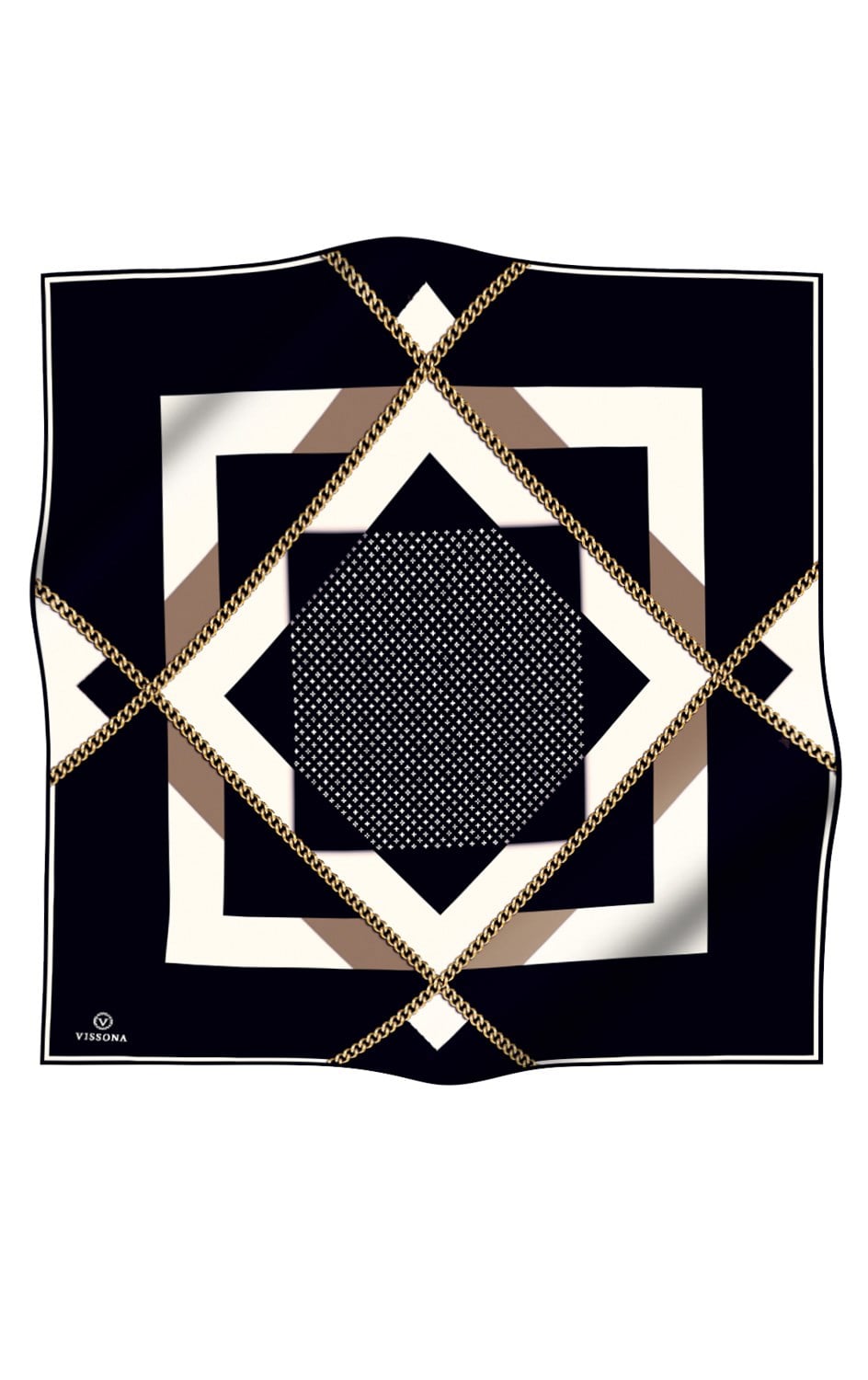 %100 Twill İpek Geometrik Desenli Siyah - Krem Renkli 90x90 Eşarp Dikim Şekli : El Dikişi