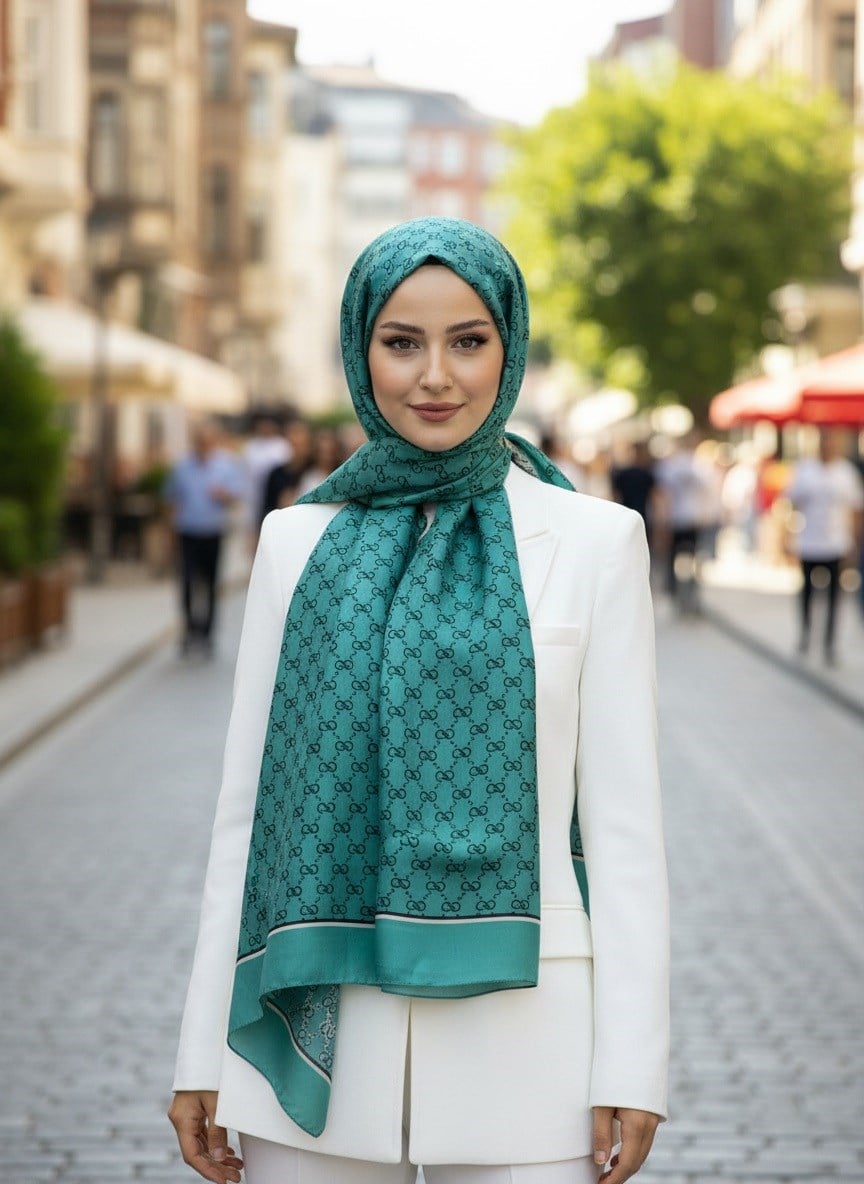 %100 İpek Minik Motif Desenli Petrol Yeşili Renkli 92x210 Şal