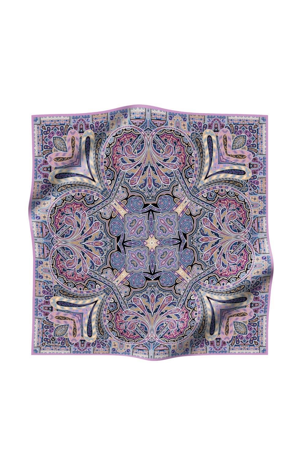 100% Twill İpek Etnik Desenli Lila Renkli 90x90 Dikim Şekli : El Dikişi Eşarp