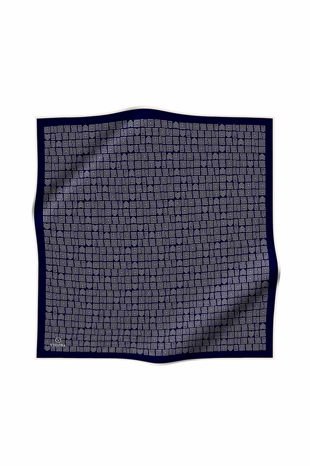 100% Twill İpek Etnik Motif Desenli Lacivert - Krem Renkli 90x90 Dikim Şekli : El Dikişi Eşarp
