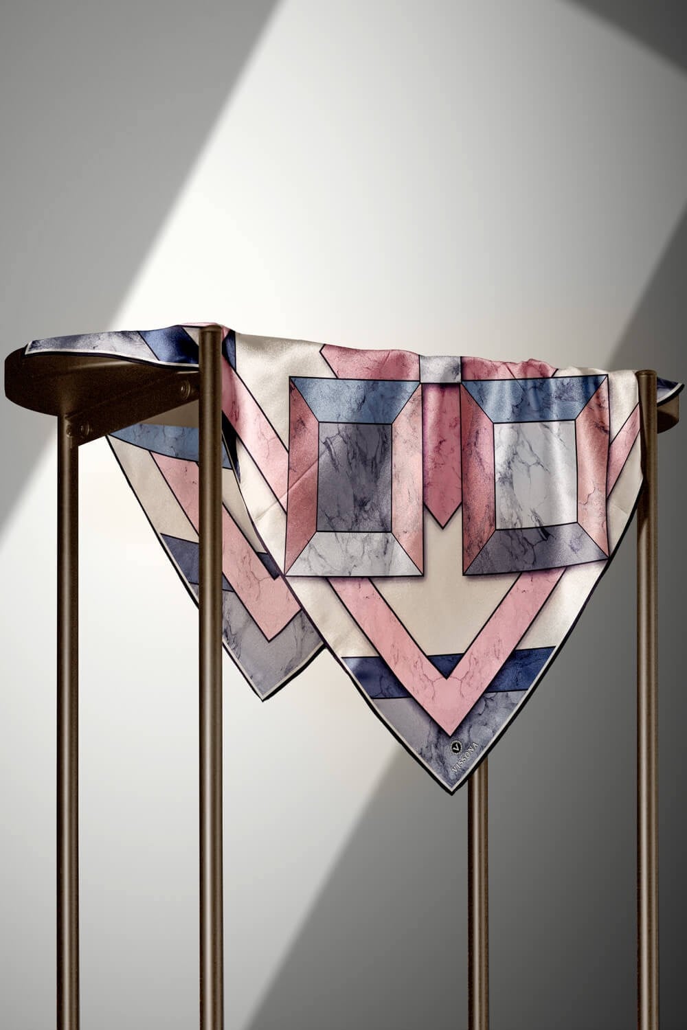 %100 Twill İpek Mermer Desenli Pudra - Bebe Mavisi Renkli 90x90 Eşarp Dikim Şekli : El Dikişi