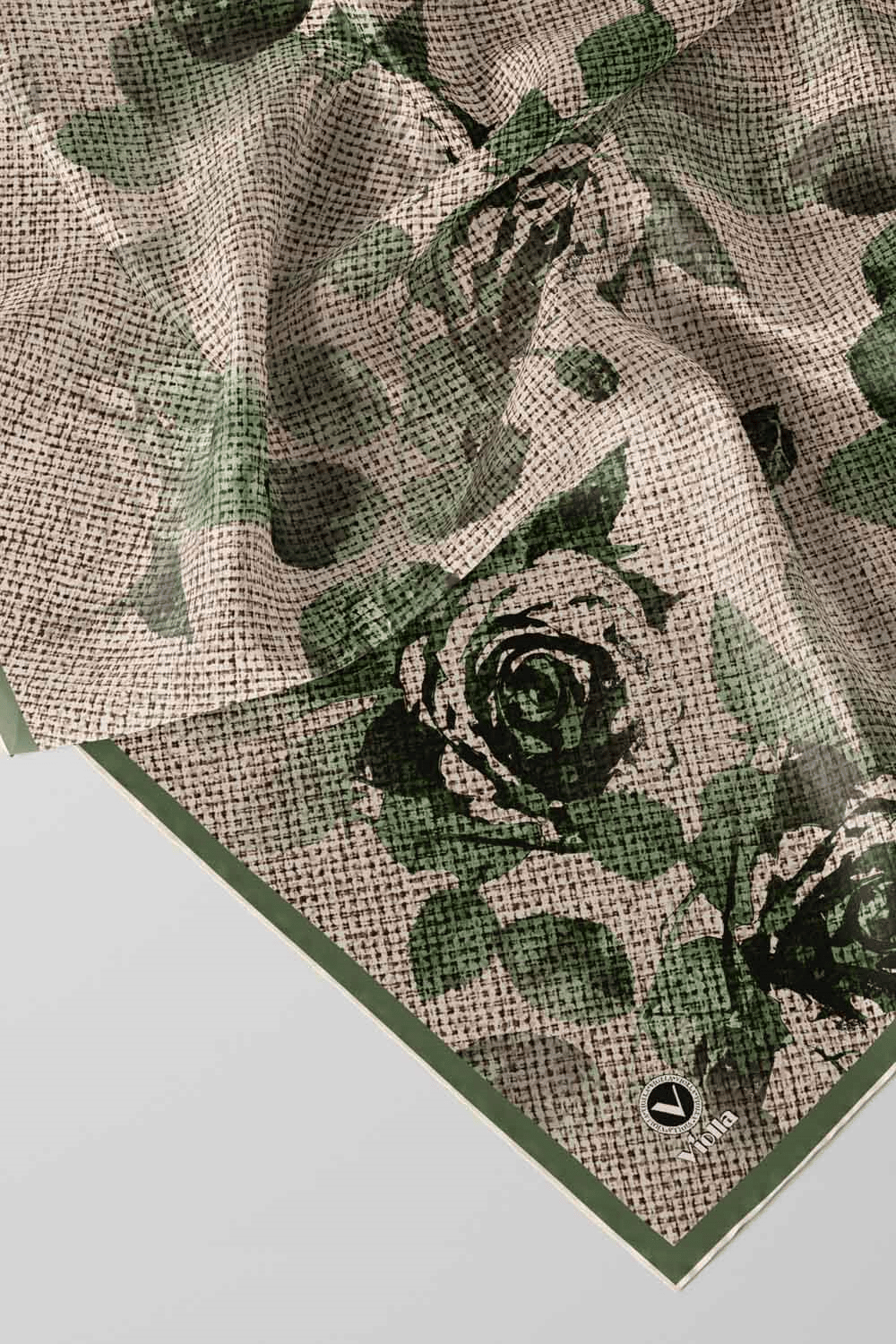 Twill Gül Desenli Zümrüt Yeşili Renkli 90x90 Eşarp (İpek İçermez) Kenar Dikiş Şekli El Dikişli