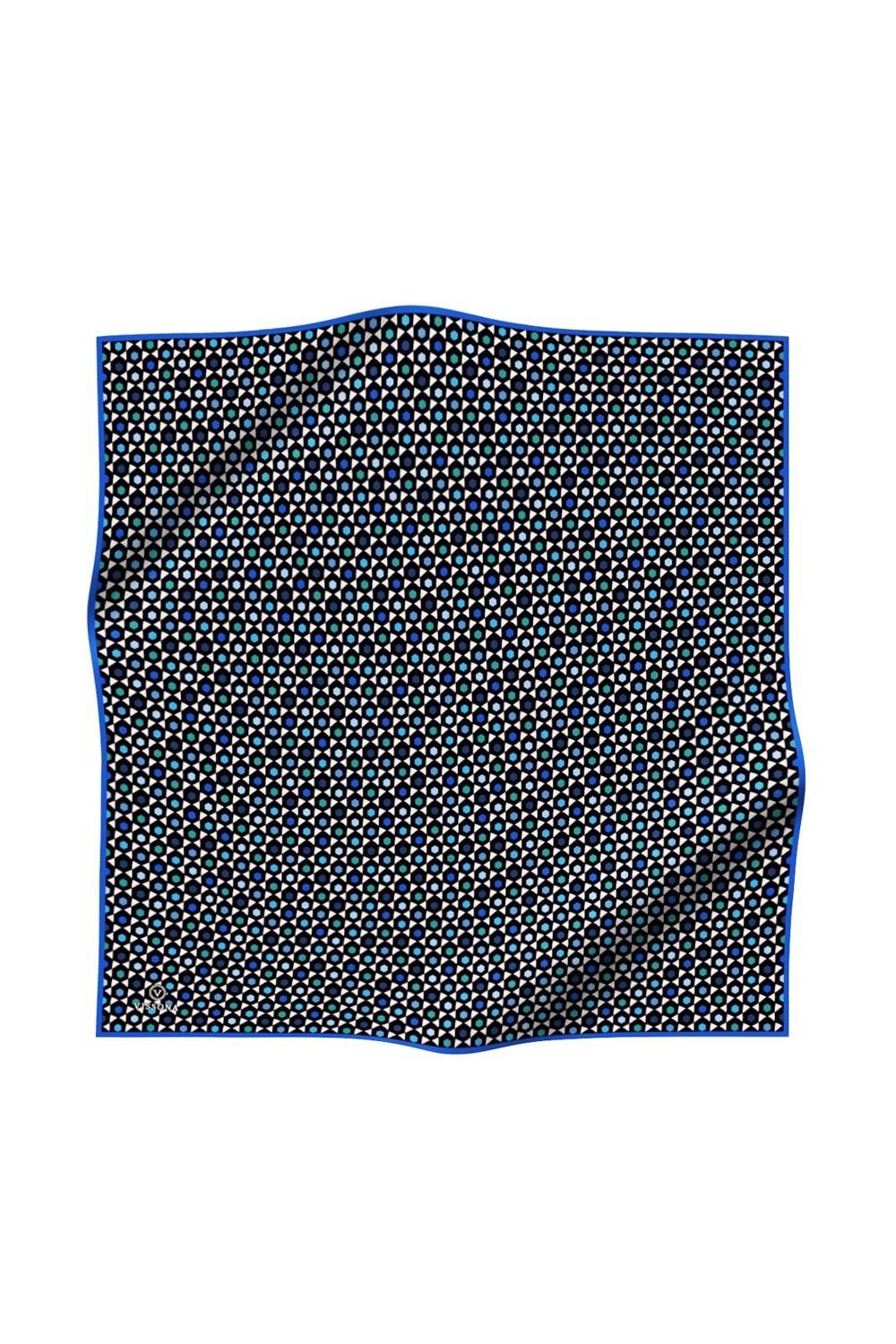 %100 Twill İpek Nokta Desenli Siyah - Saks Renkli 90x90 Eşarp Dikim Şekli : El Dikişi