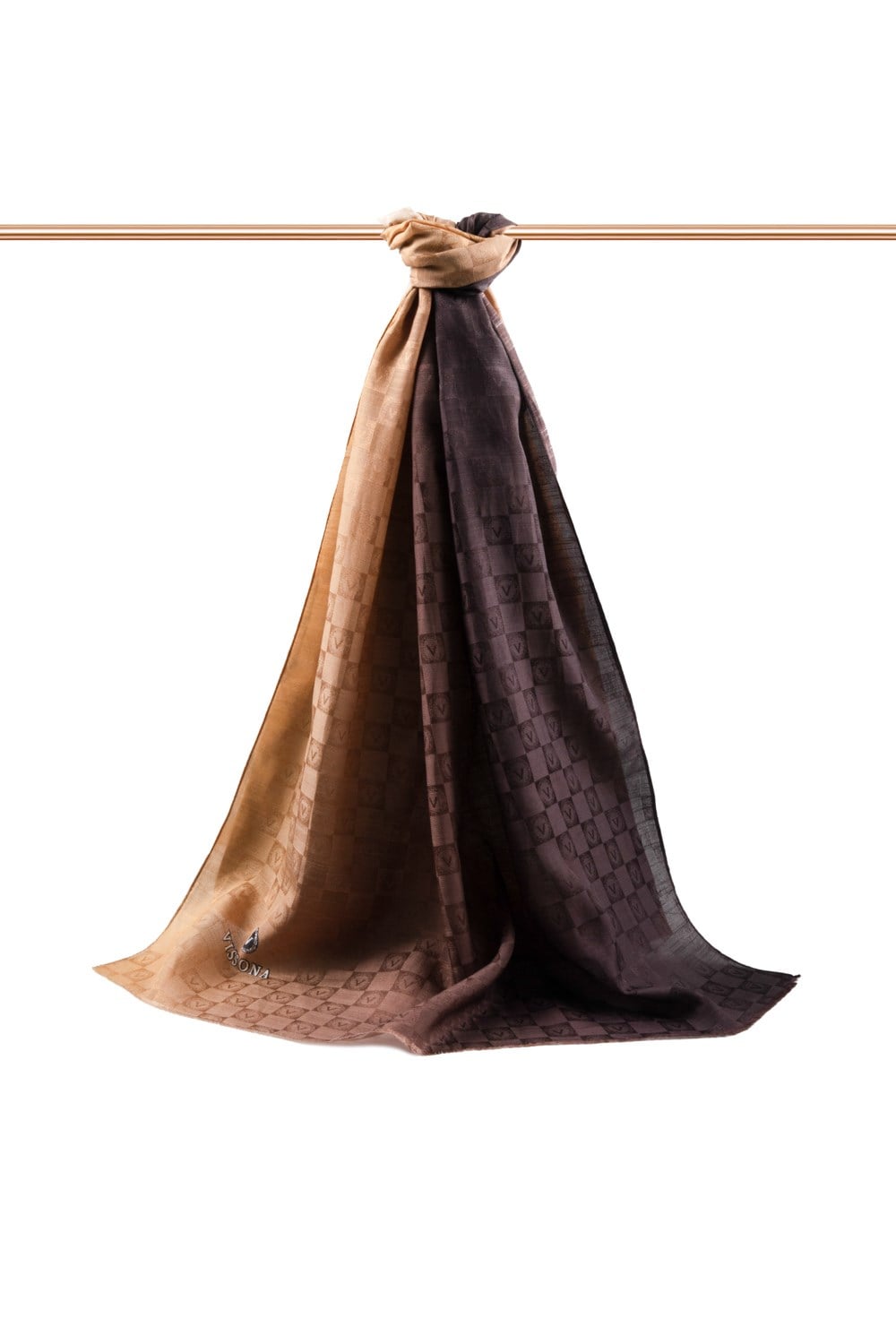 Vissona %57 İPEK %43 PAMUK Degrade Desenli Gold Renkli Şal -  70x190 Dikiş Tipi İtalyan Dikişli