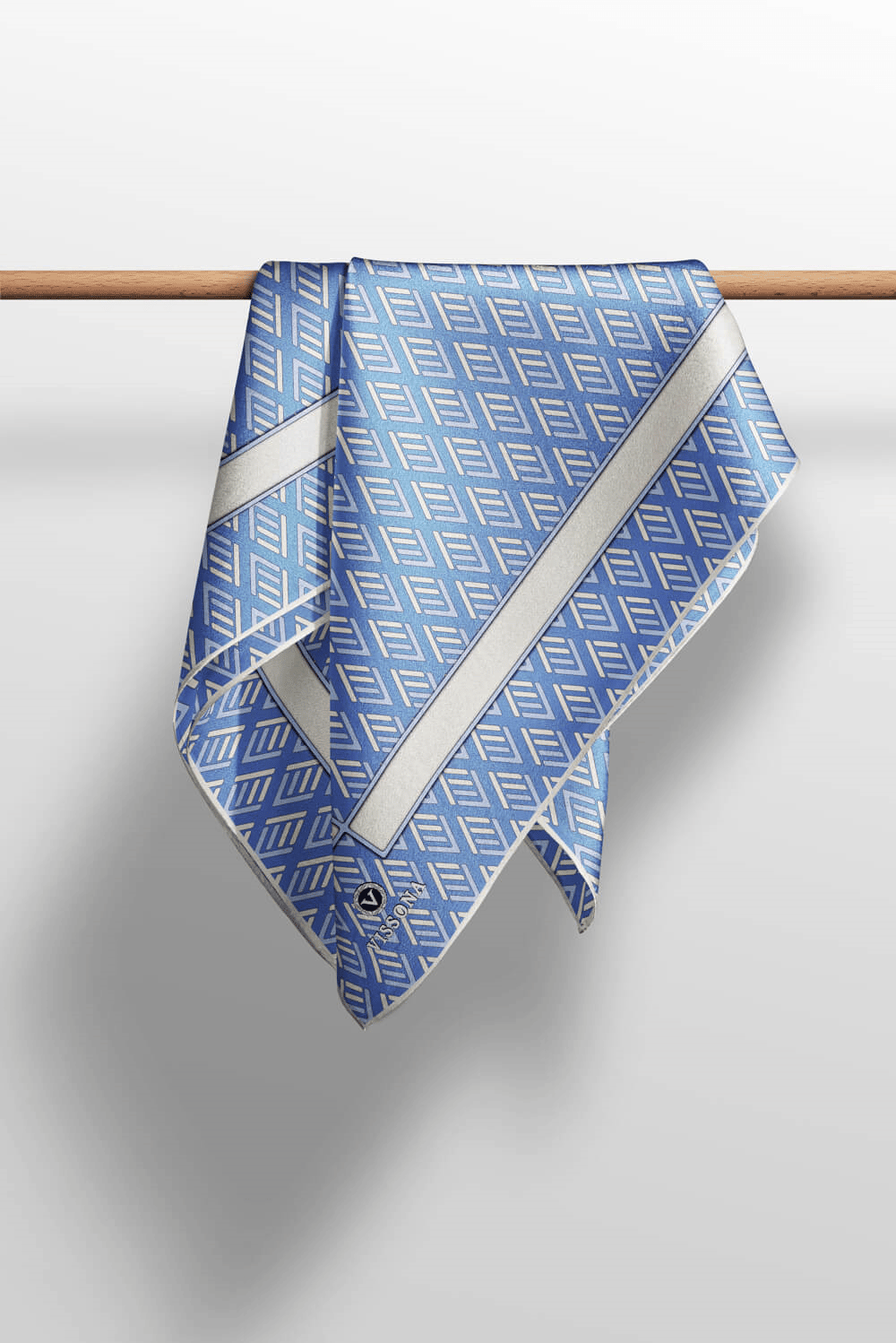 % 57 İPEK % 43 VİSKON Twill İpek Geometrik Desenli İndigo - Krem Renkli 90x90 Eşarp Dikim Şekli : El Dikişi