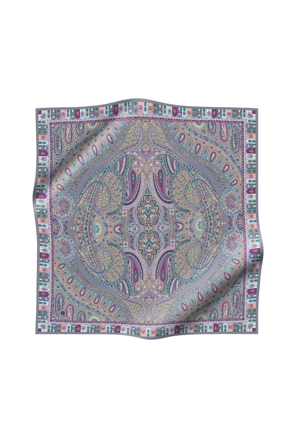 %100 Twill İpek Etro Desenli Gri Renkli 90x90 Eşarp Dikim Şekli : El Dikişi
