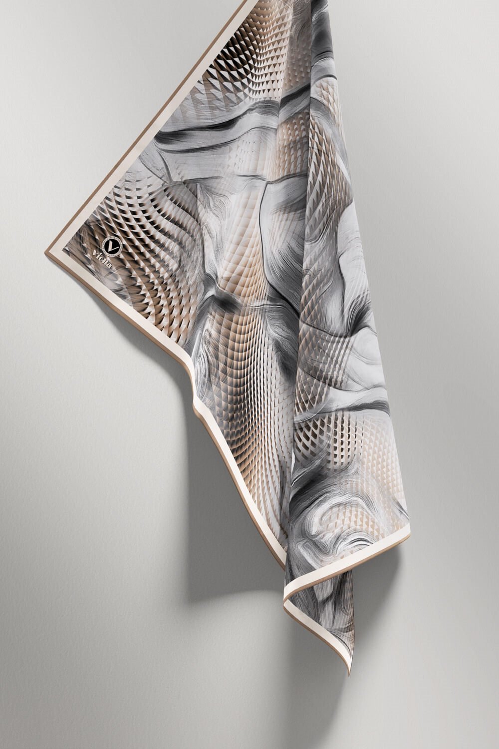 Twill Geometrik Ve Dalga Desenli Bej Renkli 90x90 Eşarp (İpek İçermez) Dikim Şekli : El Dikişi