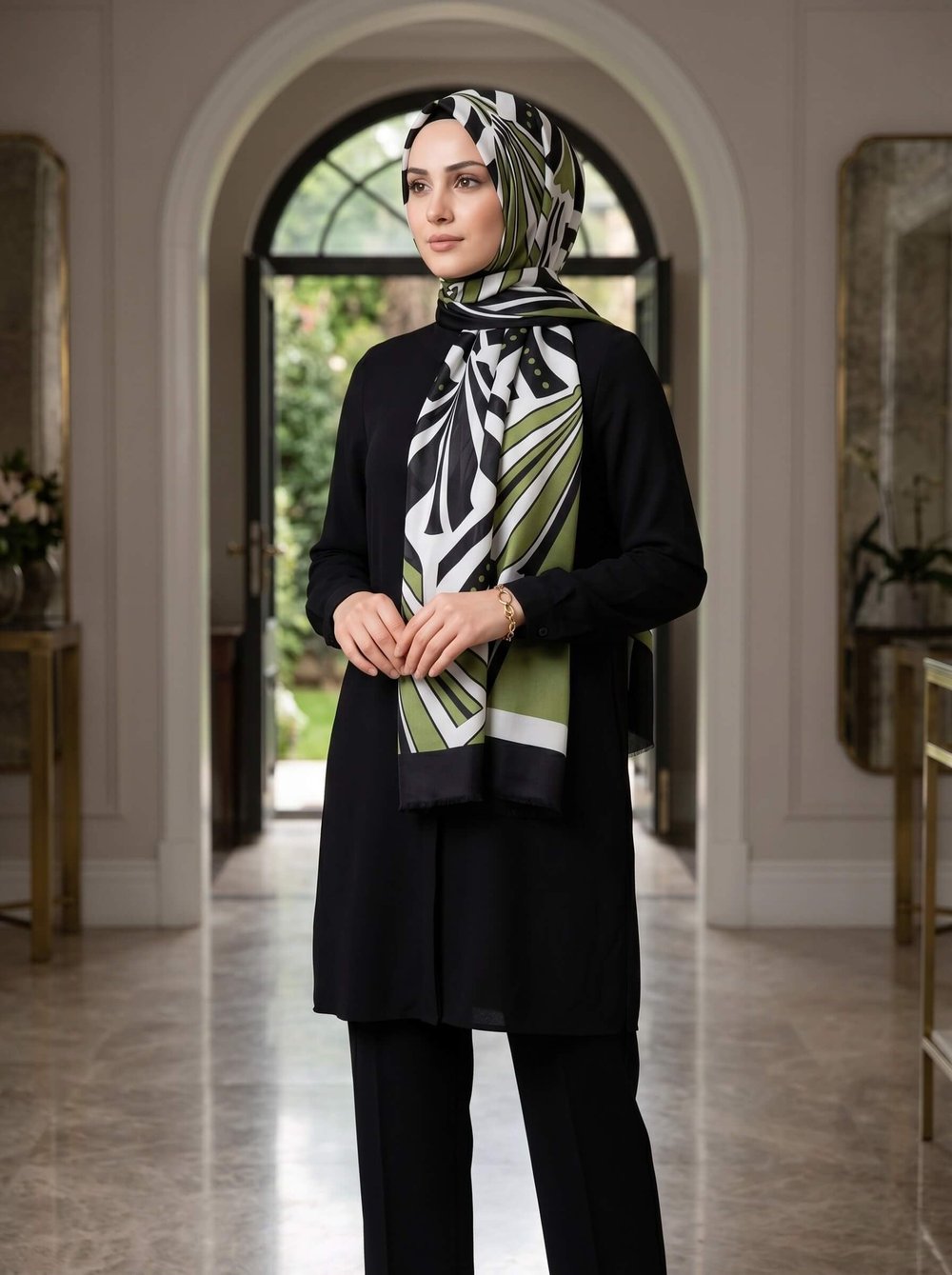 %100 İpek Yelpaze Desenli Haki - Siyah Renkli 92x210 Şal