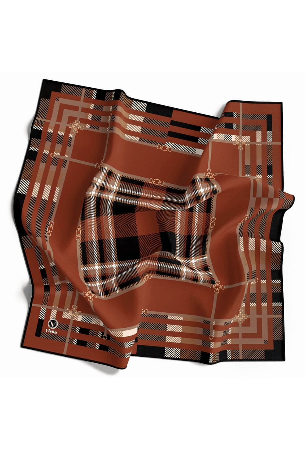 Twill Kemerli ve Ekose Desenli Taba Renkli 90x90 Eşarp (İpek İçermez)Kenar Dikiş Şekli El Dikişli